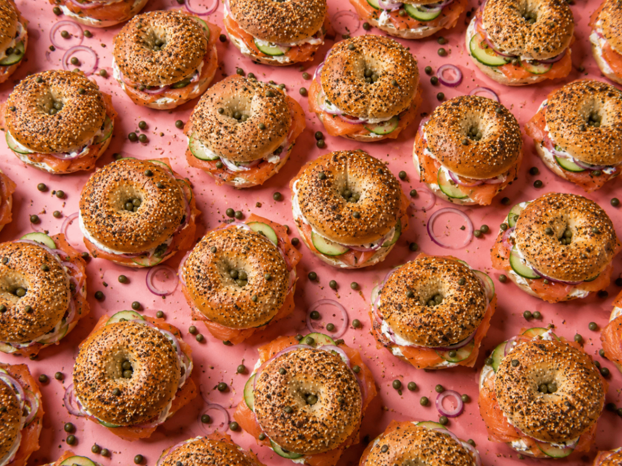 Everything bagels with smoked salmon, capers and cream cheese