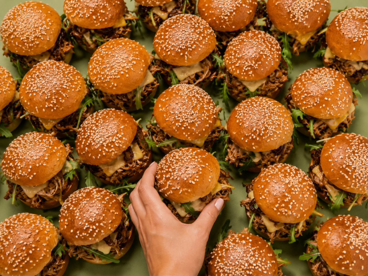 Pulled beef slider mini burgers on sesame buns