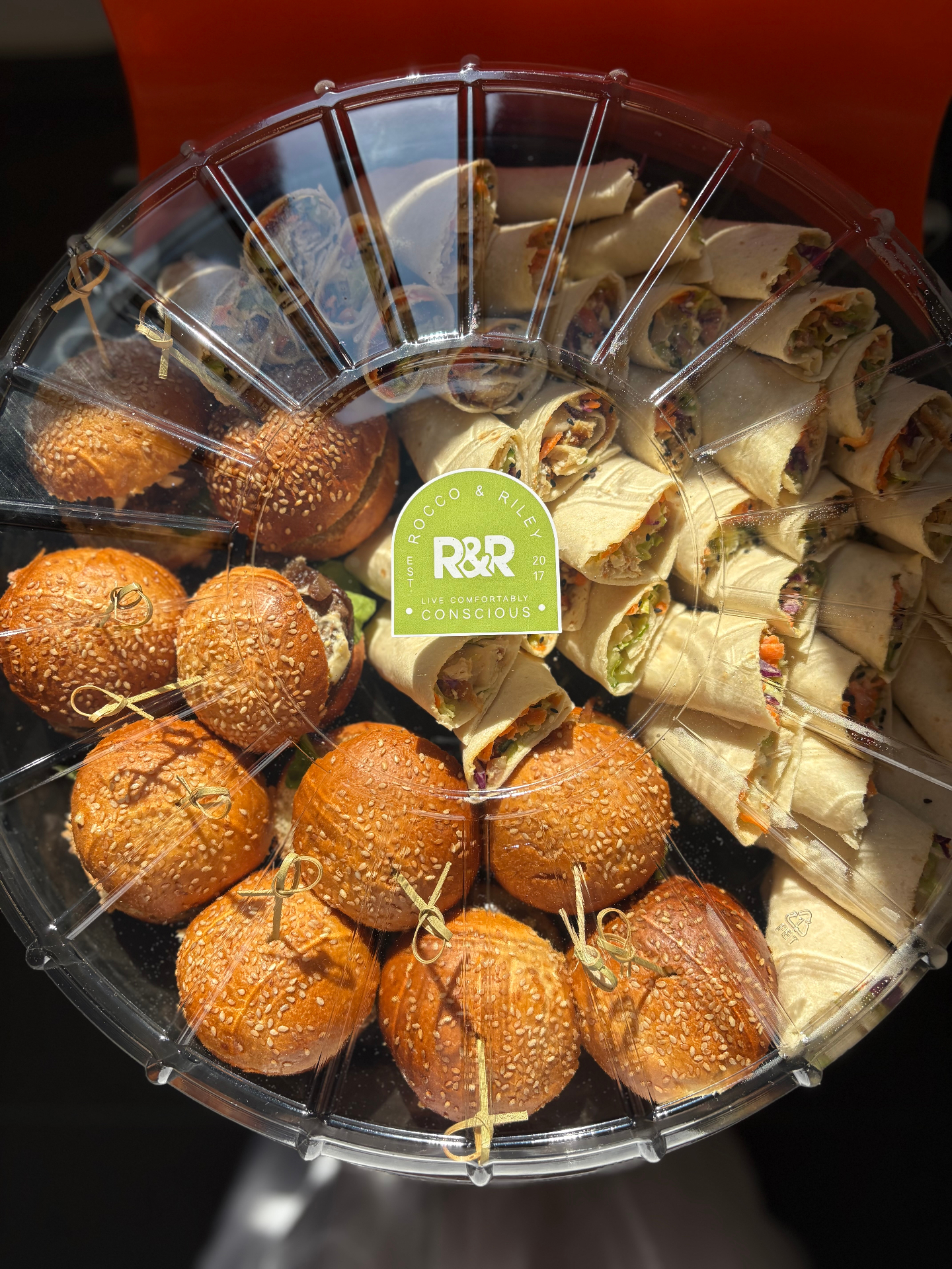 Branded wrap and burger platter for office lunch catering